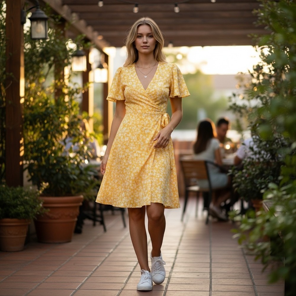 Lauren Conrad Wrap Dress Womens XXL Yellow Floral Flutter Sleeve V-Neck Mini